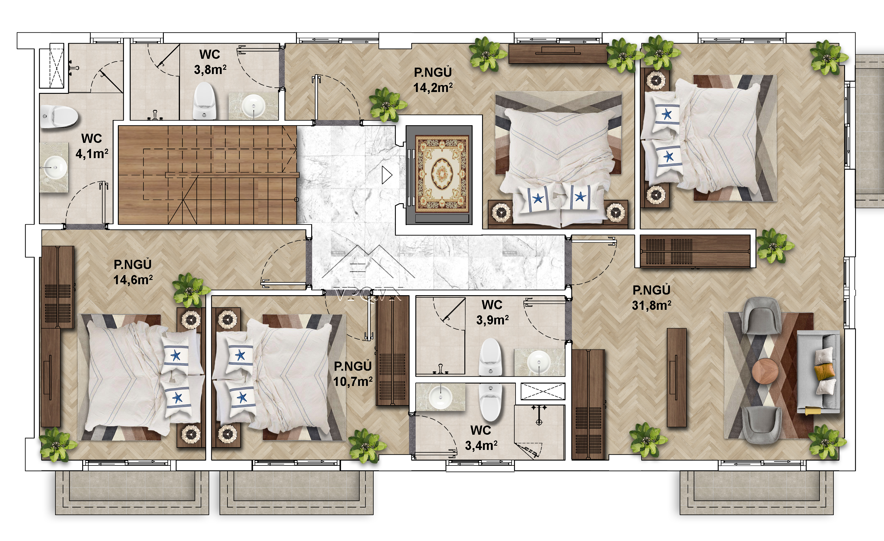 Layout thiết kế Shophouse The Center Ph&uacute; Quốc mặt tiền 15mx8 - Tầng 3